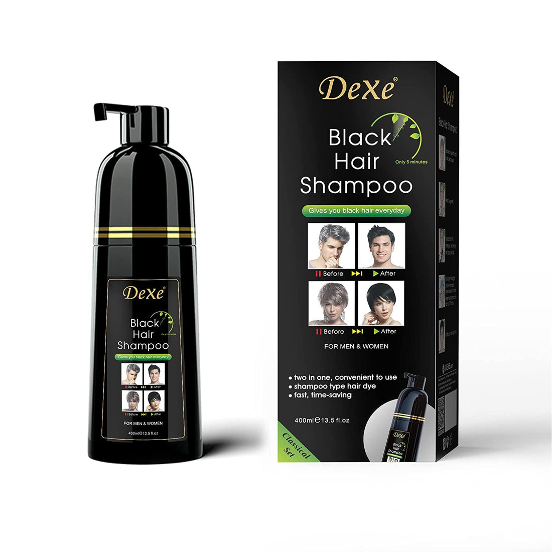 Dexe Hair Dye Shampoo 14.1 Fl Oz, Gray Hair Coverage, Black Hair Dye, Hair Color Shampoo, Black Hair Shampoo for Men & Women