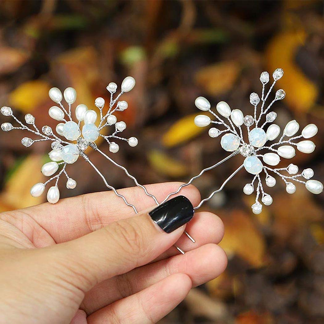 Barode Bride Pearl Wedding Hairpin Rhinestones Bridal Hair Pins Sparkly Crystal Hair Clips Jewelry for Women and Girls (Pack of 2) (Silver)