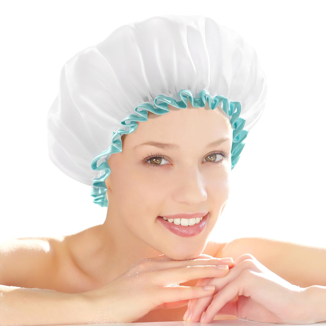 White Shower Cap for Long Hair 2 Pack, Waterproof Mold Resistant Washable Hair Caps for Women and Girls, Super Cute and Extra Large by mikimini