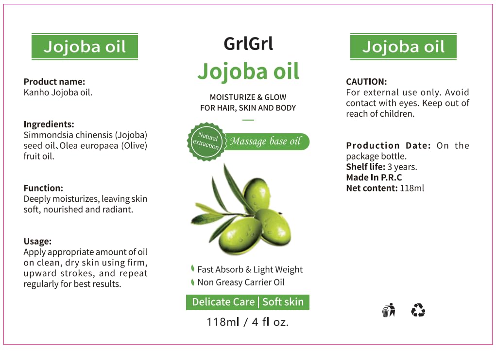 GrlGrl Jojoba Oil Organic, 118ML – Moisturize & Glow for Hair, Skin, and Body – Pure Cold Pressed Natural, Fast Absorb & Non-Greasy