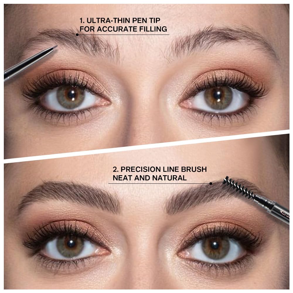 5 Pcs Dual-Sided Auto-rotate Ultra-Fine Tip Eye Brow Pencils Pack, Draws Tiny Precise Brow Makeup, Hairs, Defines, Fills Brows, Shapes, Contours, Combs, 1mm Pen Point (2*Black+2*Milk tea+Gray)