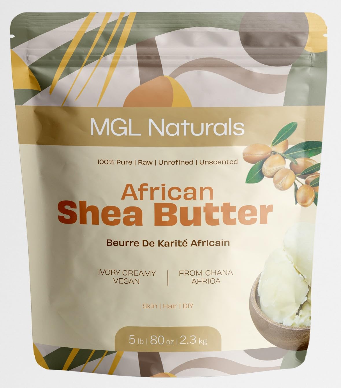 MGL Naturals Raw African Shea Butter Ivory 5 lb bulk, 100% Pure, Raw and Unrefined. Nourish and moisturize. Use alone or DIY recipes. From Ghana, Africa. (5 lb)