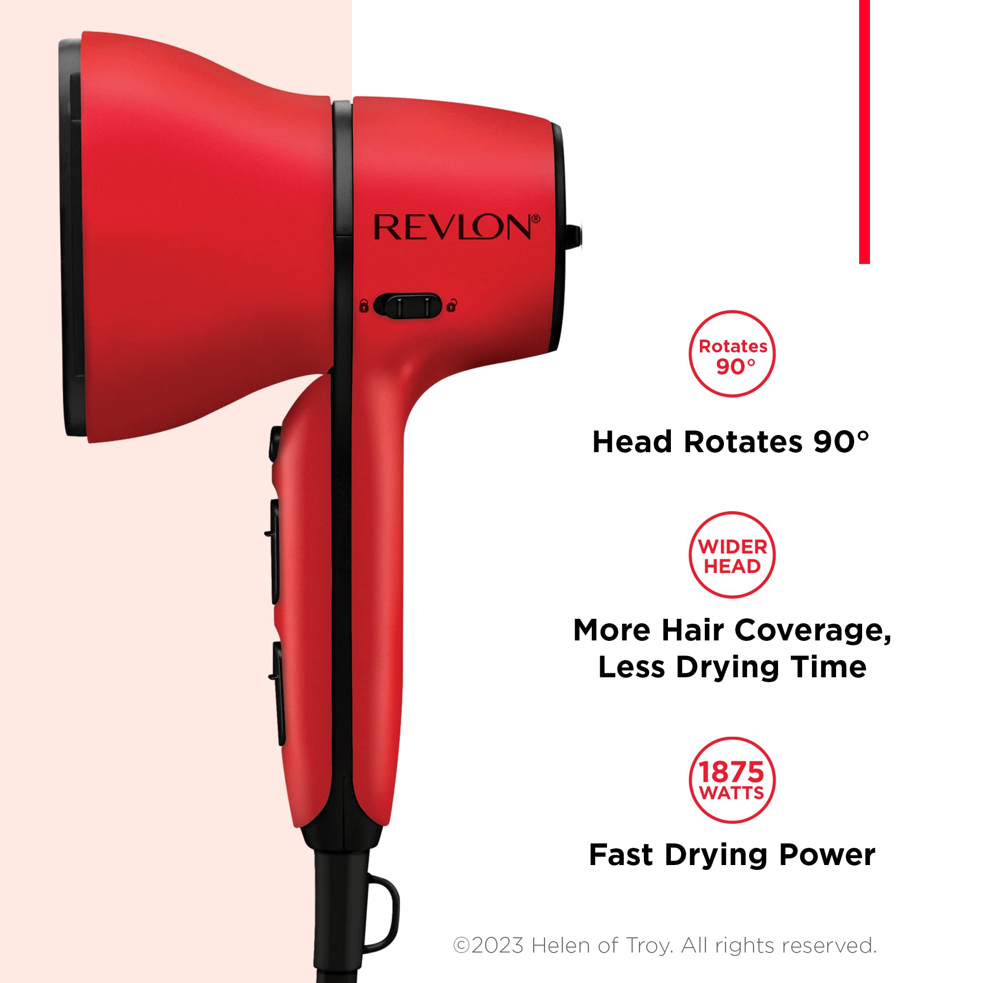 REVLON Airflow Control Hair Dryer with Diffuser | 1875W Blow Dryer Head Rotates 90° for Total Control, Wider Head for Less Drying Time, Reduces Frizz (Red)
