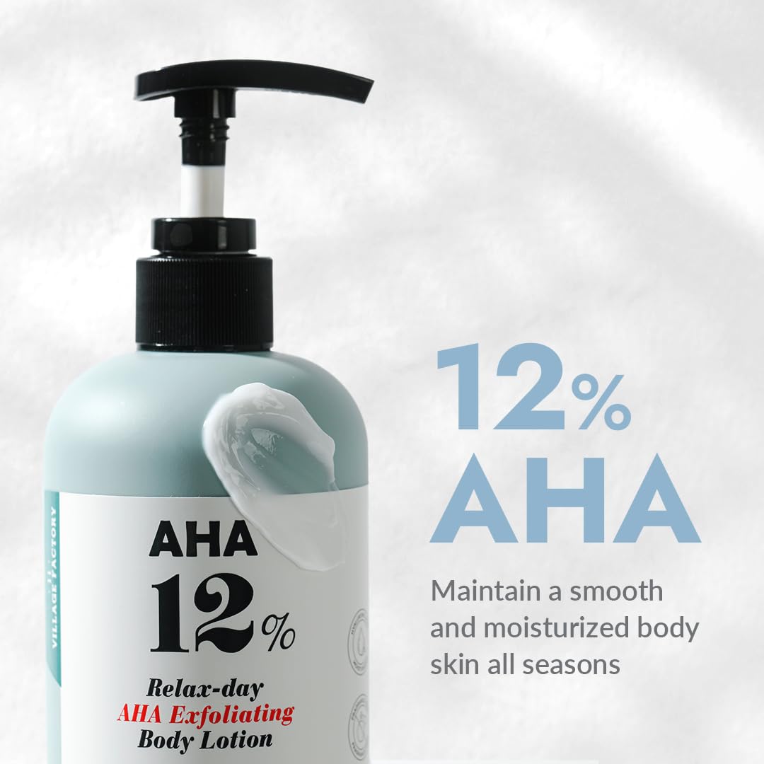 VILLAGE11FACTORY AHA 12% Body Lotion, Korean Body Cream, Exfoliating & Rejuvenating Formula with 12% Glycolic Acid and Hyaluronic Acid. Unscented, Paraben Free. 10.6 Oz