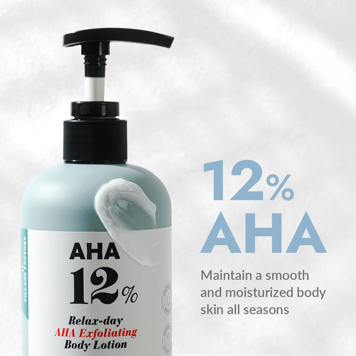 VILLAGE11FACTORY AHA 12% Body Lotion, Korean Body Cream, Exfoliating & Rejuvenating Formula with 12% Glycolic Acid and Hyaluronic Acid. Unscented, Paraben Free. 10.6 Oz