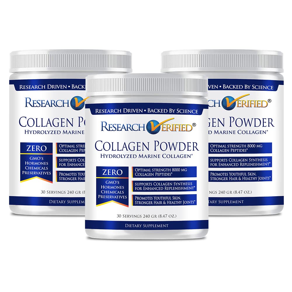 Research Verified® Collagen Powder - Hydrolyzed Marine Collagen - Unflavored - Skin Hydration and Elasticity, Muscle Recovery, Non GMO - 30 Scoops Per Container - 3 Month Supply