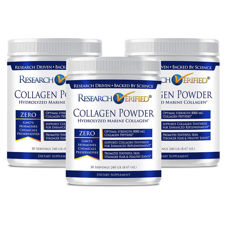 Research Verified® Collagen Powder - Hydrolyzed Marine Collagen - Unflavored - Skin Hydration and Elasticity, Muscle Recovery, Non GMO - 30 Scoops Per Container - 3 Month Supply