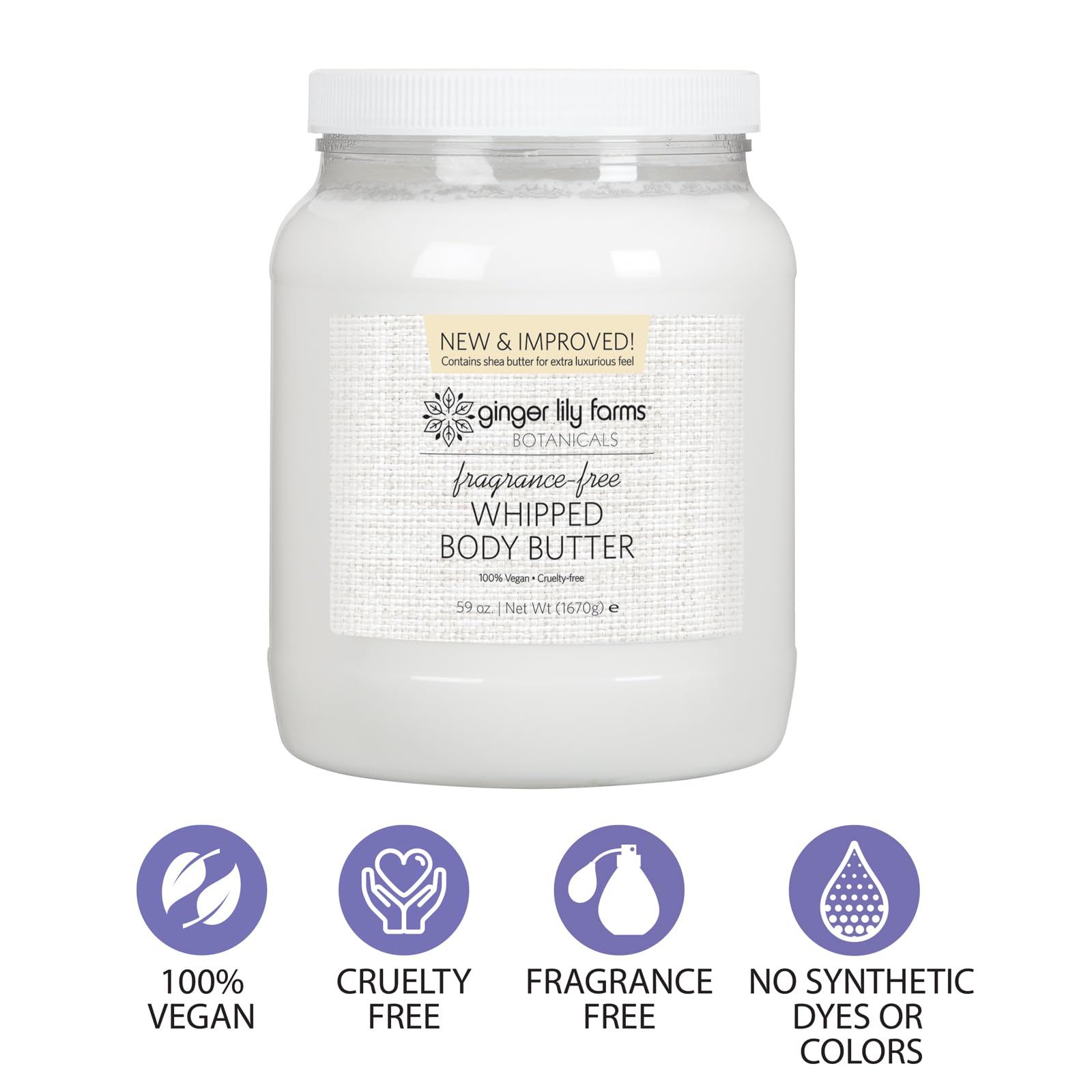 Ginger Lily Farms Botanicals Whipped Body Butter for Dry Skin, Ultra-Hydrating, 100% Vegan & Cruelty-Free, Fragrance-Free, 59 Ounces