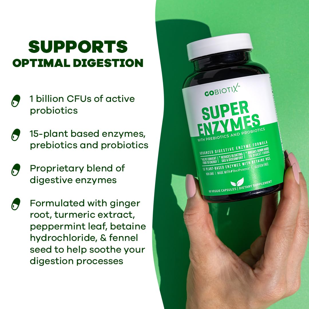 GOBIOTIX Digestive Enzymes Supplement with Prebiotics and Probiotics for Women and Men - Gut Health, Gluten Digestion, Lactose Absorption, Plant Based Dietary Pills - 120 Capsules