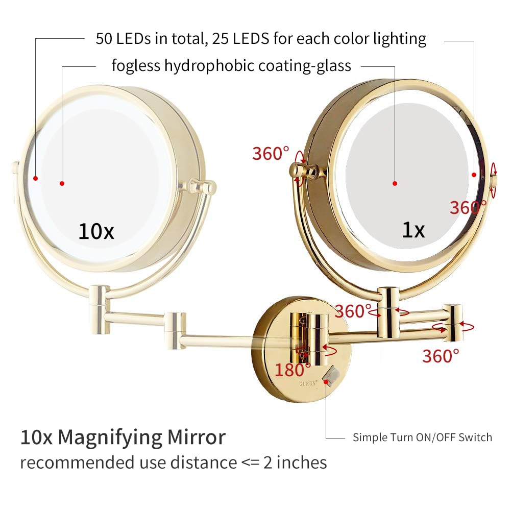 GuRun 8.5 Inch LED Lighted Wall Mount Makeup Mirror with 10x Magnification,Gold Finish M1809DJ(8.5in,10x)
