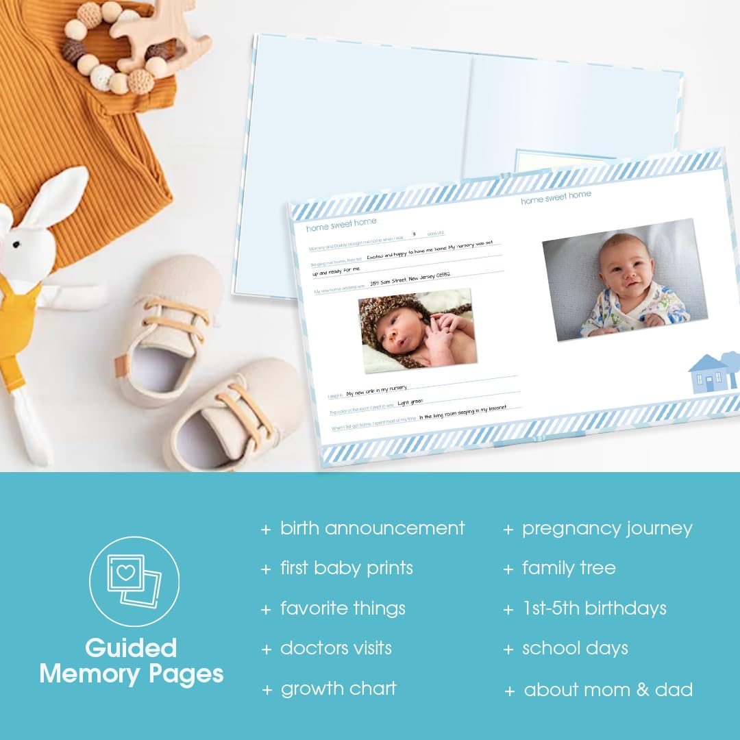 Pearhead Baby Memory Book, First 5 Years Baby Milestone Book, Pregnancy Journal, Gender Neutral Newborn Keepsake, With Clean-Touch Ink Pad For Baby's Handprint or Footprint, Blue Chevron