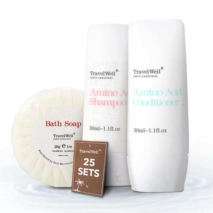 TRAVELWELL Hotel Amenities 30ml Shampoo (25 Bottles) + Conditioner (25 Bottles) + Mini Soap Bars (25 Bars, 28g) | Travel Size Toiletry Set