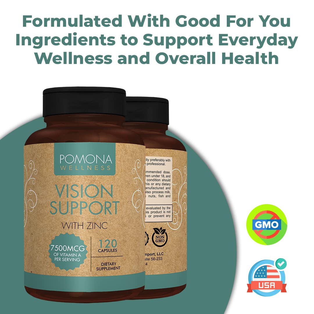 Pomona Wellness Vision Support Supplement Multivitamin for Eye Health, Supports Healthy Vision Function, Dry Eyes and Overall Health with Zinc, Vitamin A, Non-GMO, 120 Capsules (2 Pack)