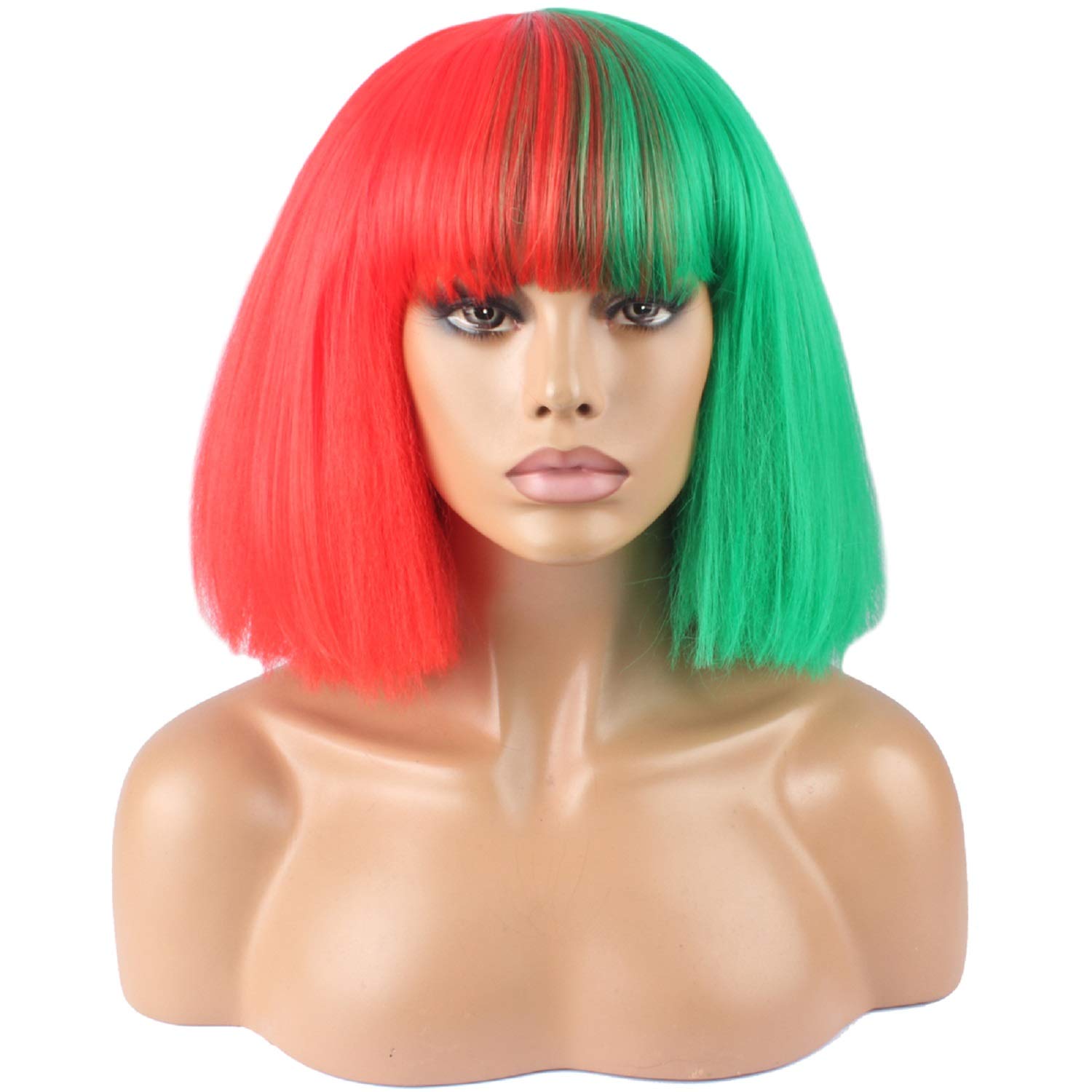 Red And Green: Weken Fashion Wig Women'S Short Bob Kinky Straight Full Bangs Synthetic Hairpieces Red And Green
