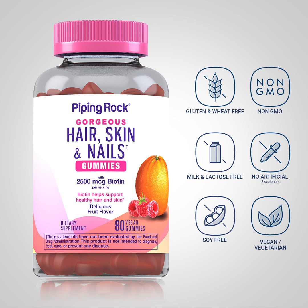 Piping Rock Hair Skin and Nails Vitamins | 80 Gummies | 2500 mcg of Biotin | Womens Multivitamin | with Vitamin C and E | Fruit Flavor | Non-GMO, Gluten Free Supplement