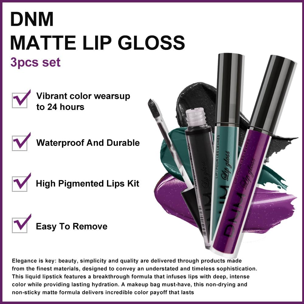 evpct 3Pcs Dark Black Purple Green Matte Liquid Lipstick Lip Stain Sets for Women Matte+Lipstick Long Lasting 24 hr Hours Magic Lipstick 24 Hours original Waterproof 19#