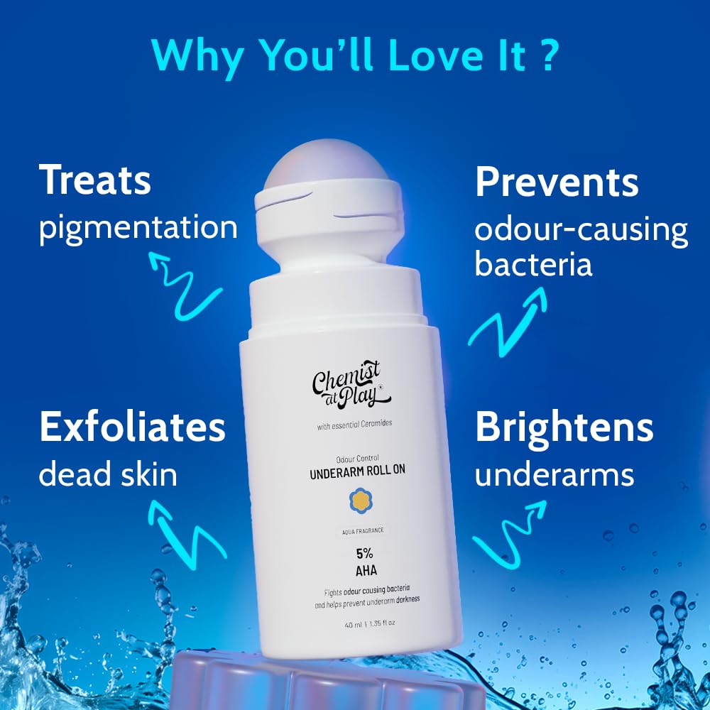 Chemist at Play UnderArm Roll-On with 5% AHA| Lactic & Mandelic Acid|Prevents Odour, Brightens Skin & Exfoliates Underarm | For Sensitive Skin | Aqua Fragrance | Alcohol & Aluminium Free | 1.35 fl oz