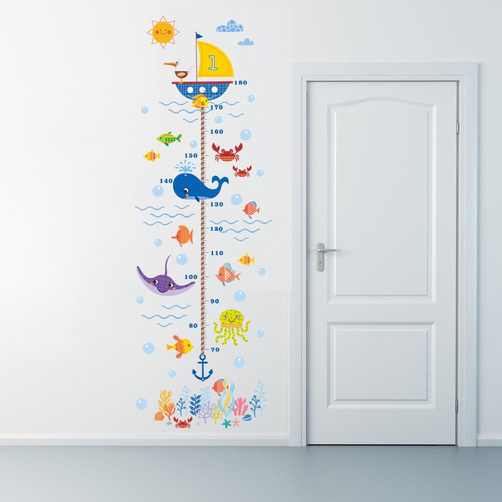 Wland 22 inches x 67 inches Undersea Fish Whale Octopus Crab Growth Chart Removable Vinyl Wall Decals Stickers for Children Room Nursery