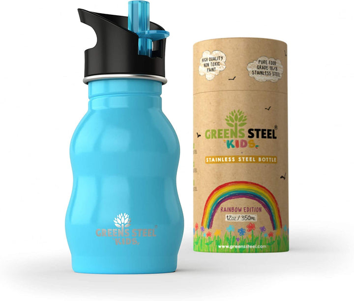 Kids Water Bottle with Straw & Handle, 12 oz Blue - Eco Friendly Toddler Cups with Straws - Easy Sip Metal Water Bottle for Kids - Cute Stainless Steel Water Bottles for Children - Leak Proof Lid