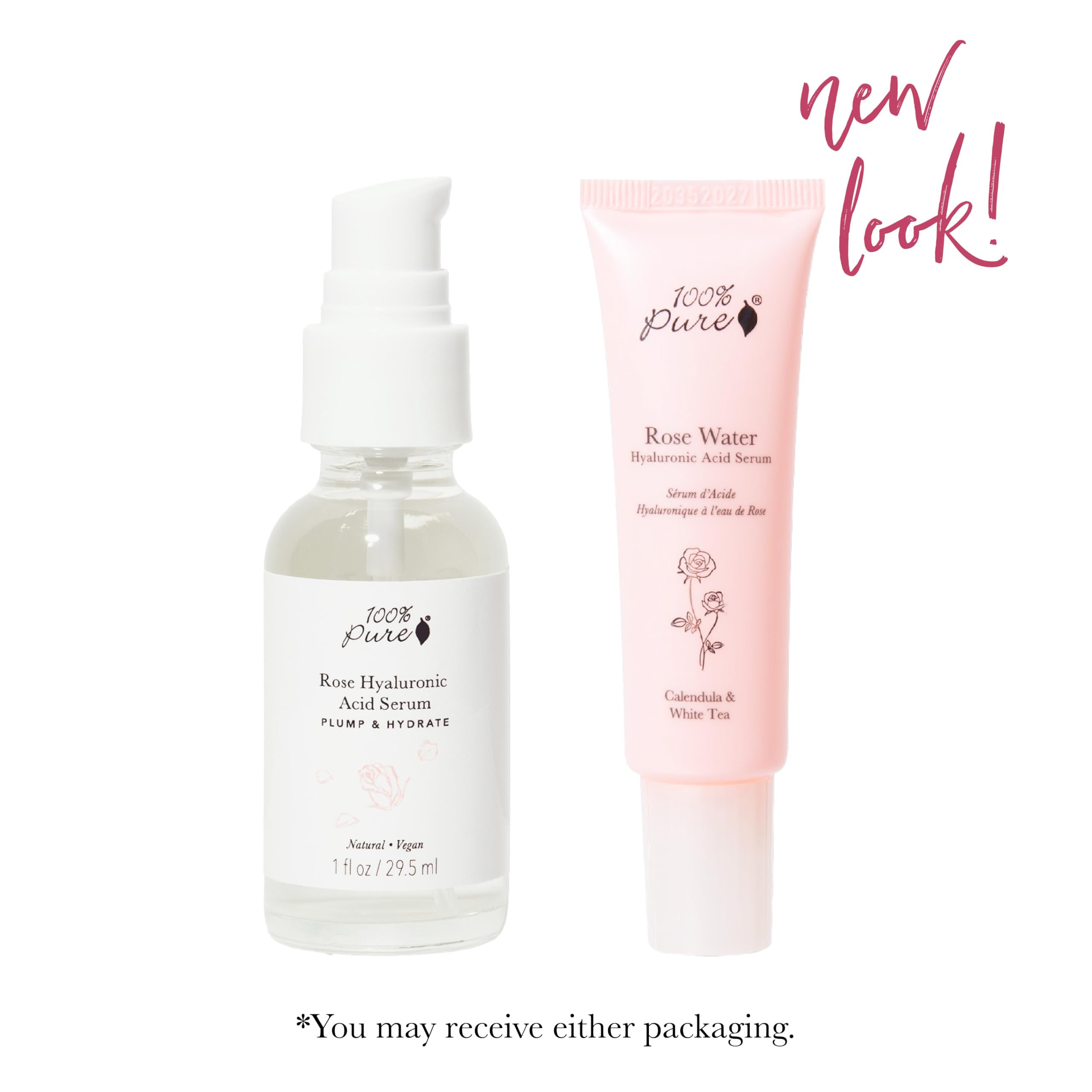 100% PURE Rose Hyaluronic Acid Facial Serum Deeply Hydrating Natural Care Soothe & Replenish Suppleness Bounce Dry, Dehydrated Skin - Vegan - 1oz