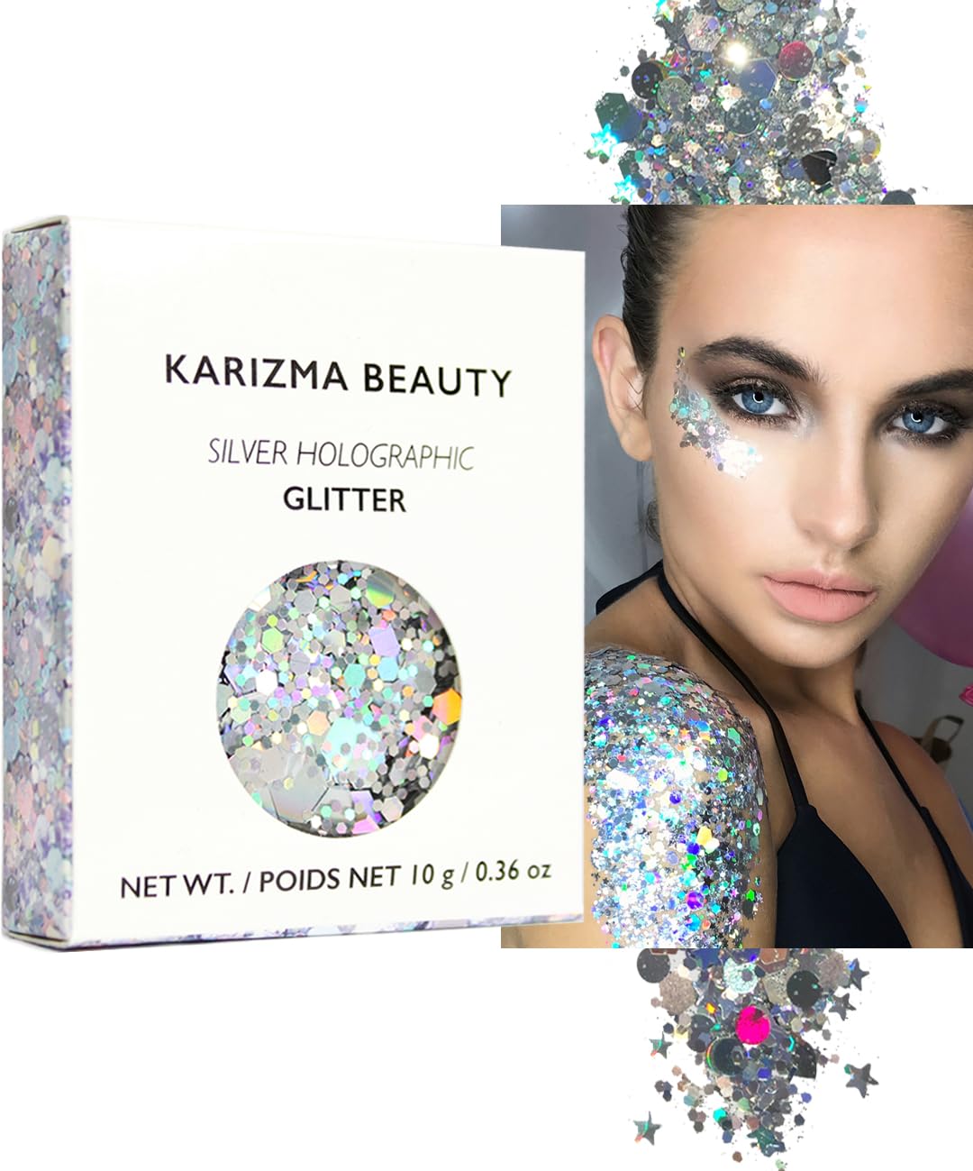 KARIZMA Holographic Silver Body Glitter. 10g Glitter for Chunky Face , Hair, Eye and Body for Women. Rave Glitter, Festival Accessories, Cosmetic Makeup. Loose Glitter Set