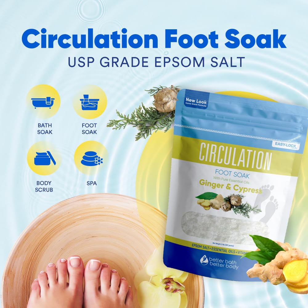 Circulation Foot Soak 32 Ounces (2 Lbs) Epsom Salt with Pure Essential Oils Ginger and Cypress Essential Oils Plus Vitamin C in BPA Free Pouch with Easy Press Lock Seal