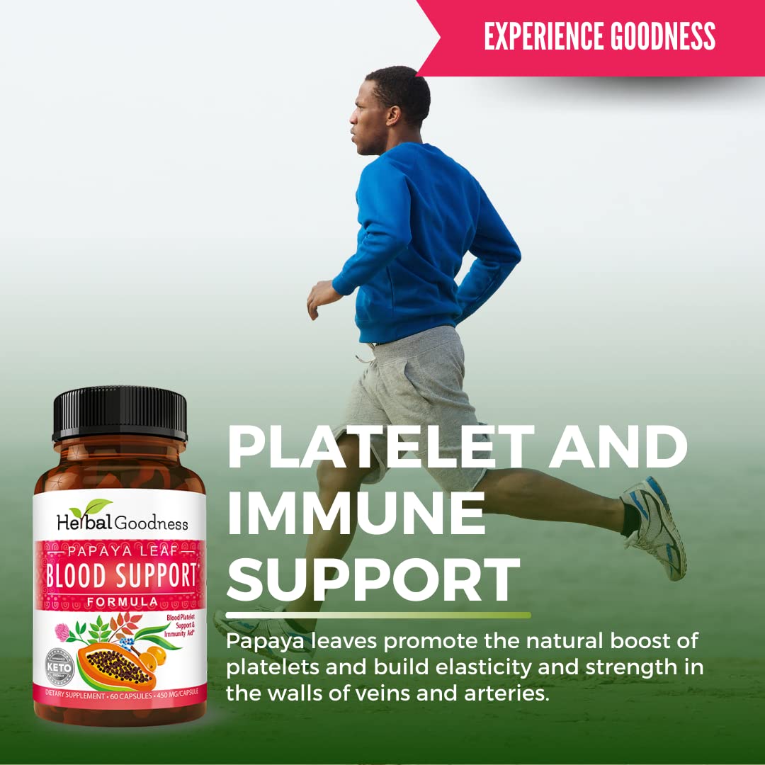Herbal Goodness Papaya Leaf Blood Support Capsules - Platelet & Bone Marrow Health, Immunity Support & Blood Cleanse - 60/450mg Veggie Capsules (1 Bottle)