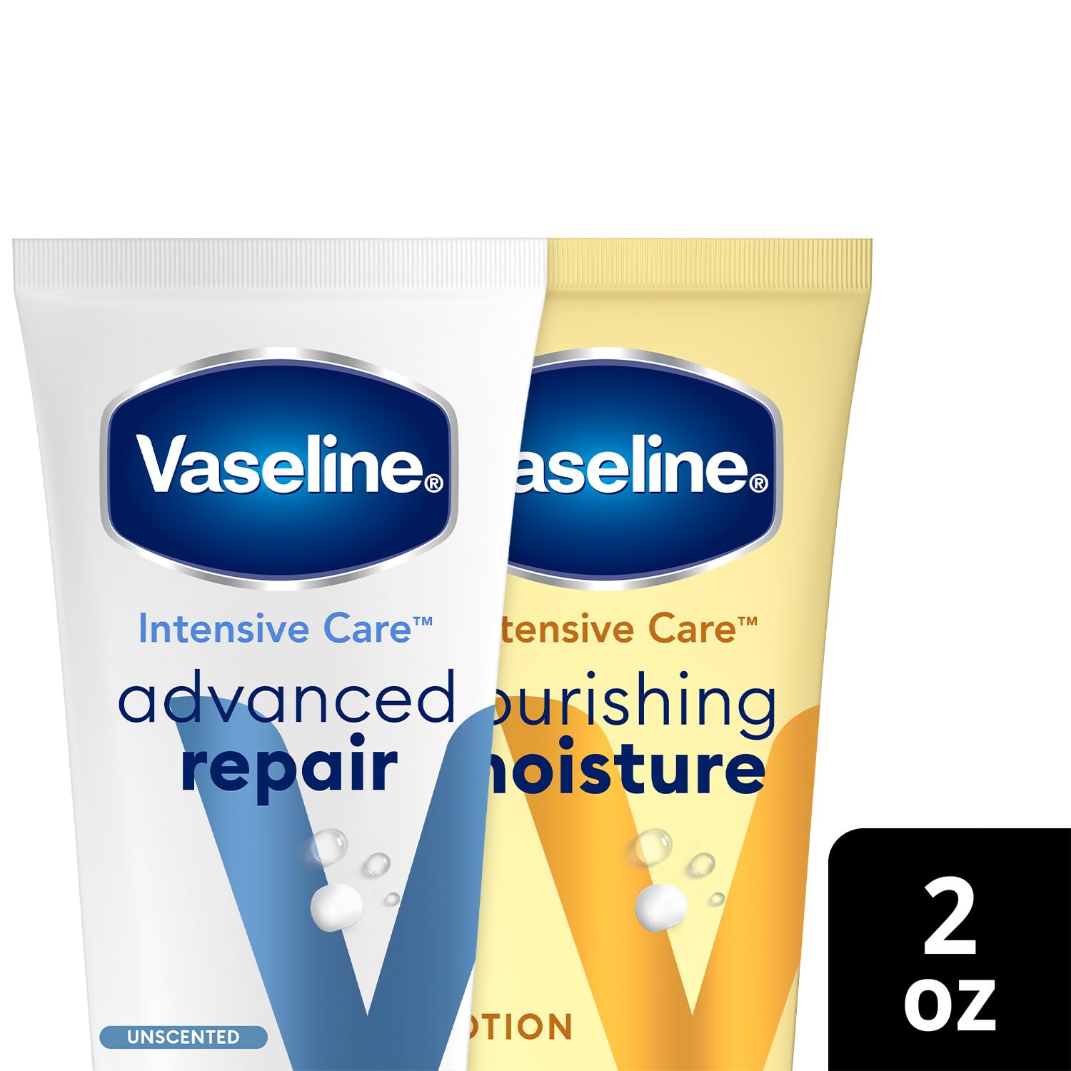 Vaseline Intensive Care Lotion Bundle – Advanced Repair Unscented Lotion & Nourishing Moisture Hand & Body Lotion for Extremely Dry Skin, 2 Oz Ea (2 Piece Set)