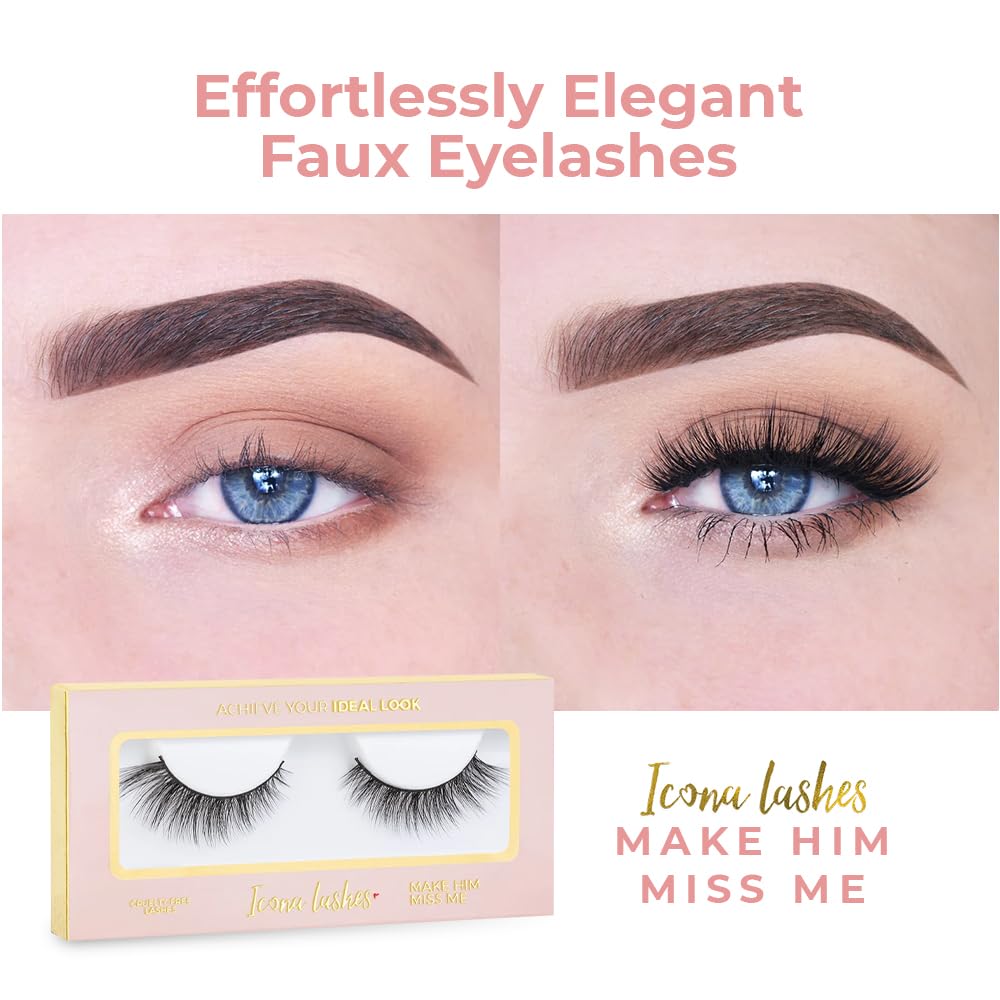 Icona Lashes Premium Quality False Eyelashes | Make Him Miss Me | Wispy & Flirty | Natural Look and Feel | Reusable | 100% Handmade & Cruelty-Free