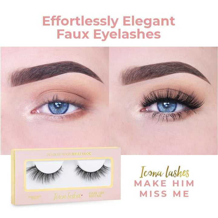 Icona Lashes Premium Quality False Eyelashes | Make Him Miss Me | Wispy & Flirty | Natural Look and Feel | Reusable | 100% Handmade & Cruelty-Free