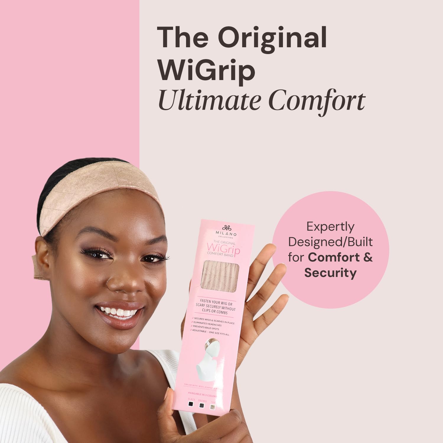 MILANO COLLECTION WiGrip, The Original Comfort Grip Band, Adjustable Wig Band for Tension-Free Glueless Wig, Nonslip Wig Headband, Tension-Free, One Size Fits All, Tan
