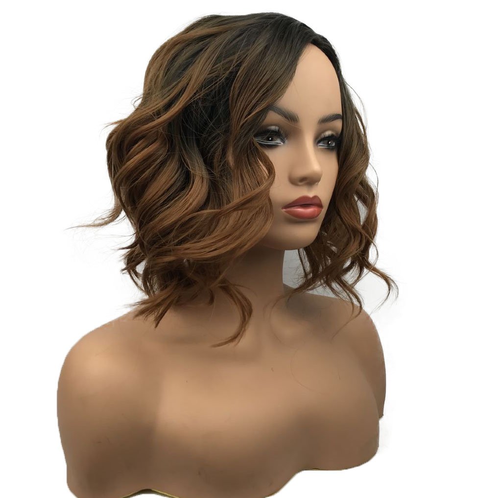 Wiginway Short Curly Wavy Wig Brown Ombre Bob Full Synthetic Wig For Women Medium 12 Inch