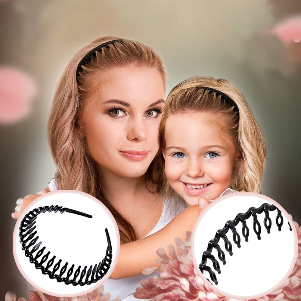 ULTIMUTE 8 PCS Fashion Effortless Plastic Headbands with Teeth Comb Black Skinny Headbands No Slip Hair Accessories Bands for Women Men Teen Girls, Bright Black