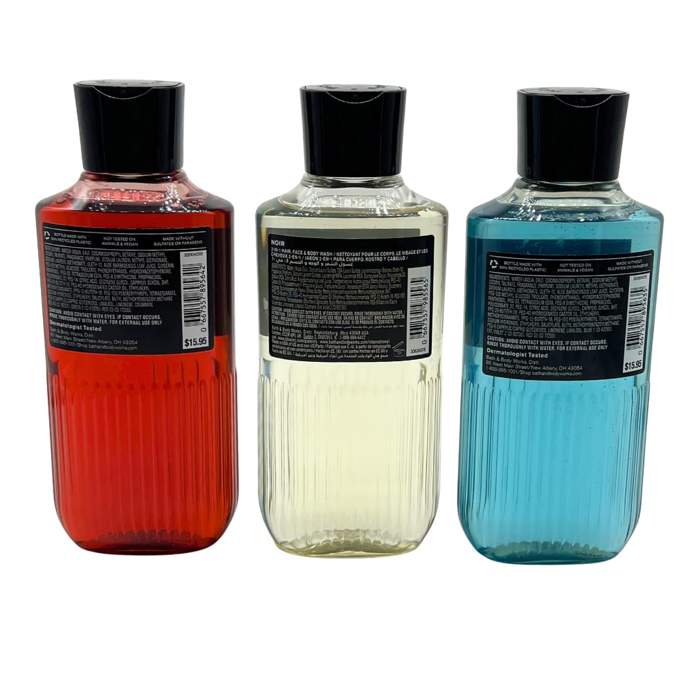 Bath & Body Works BOURBON, NOIR, OCEAN Men's Collection 3-in-1 Hair, Face & Body Wash 3-piece Gift Set with a Blue Bow for Holidays - 10 fl oz each
