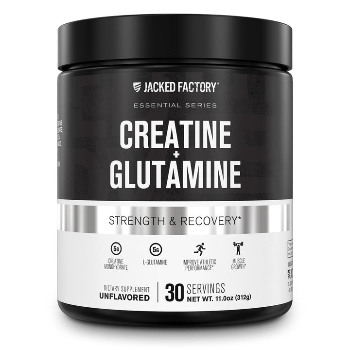 Jacked Factory Creatine + Glutamine - Creatine Supplement with L-Glutamine for Muscle Recovery, Muscle Growth, Increased Strength, Enhanced Energy Output, and Gut Health - 30 Servings, Unflavored