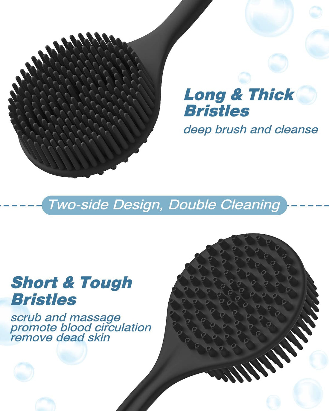 Manmihealth Silicone Back Scrubber & Soft Bath Glove Set 4 PCS(Thick Bristles), Super-Exfoliating Body Scrubber & Super-Lathering Shower Brush Combination, with 2 Free Hooks (Black)