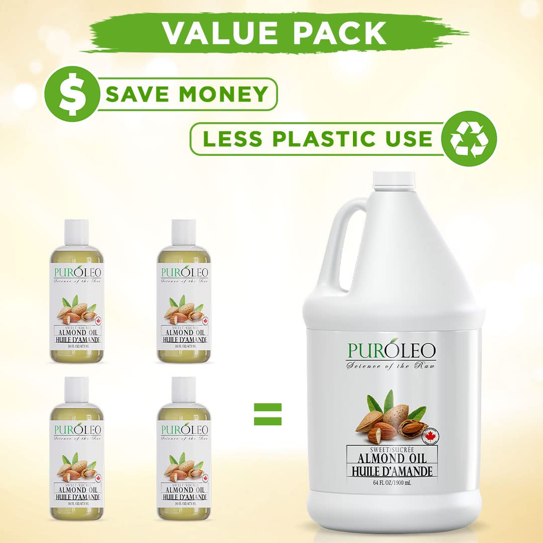 PUROLEO Sweet Almond Oil 64 Fl Oz/1900 ML 100% Natural and Pure | Moisturizer & Carrier Oil | Beauty & DIY Blends, Massage Oil, Body Oil, Hair Oil and Baby Oil | Made from Almonds raw