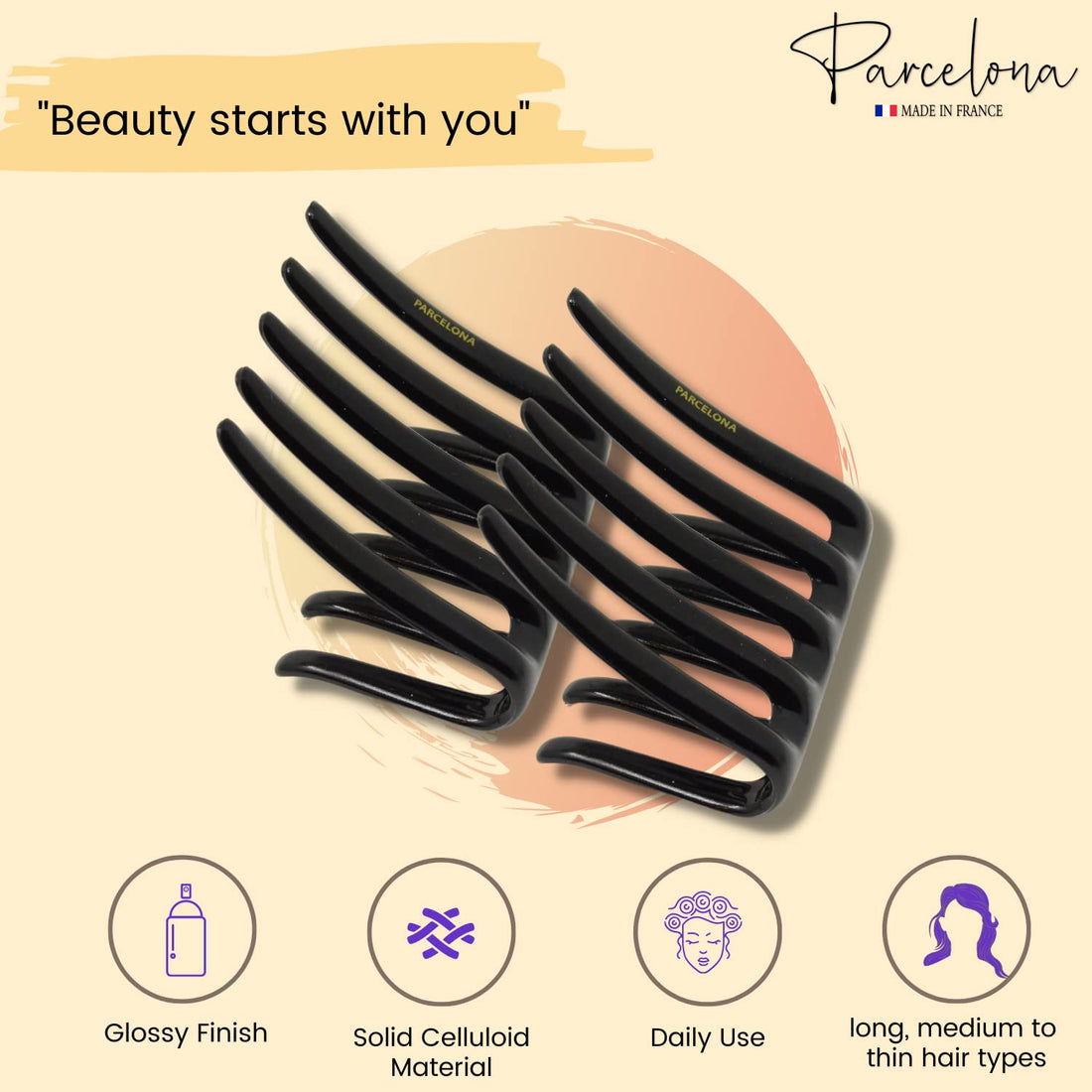 Parcelona French Crab Interlocking Medium Celluloid Glossy Black Hair Clip Side Comb 2 1/4 Inches