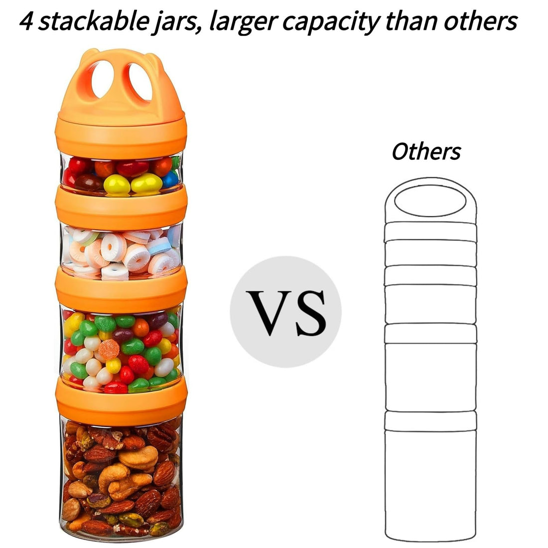 SELEWARE Portable Stackable Food Storage Containers for Snacks Formula Powder and Drinks Twist Lock System Airtight Leak-proof BPA and Phthalate Free 4 Piece Jars 31oz Orange