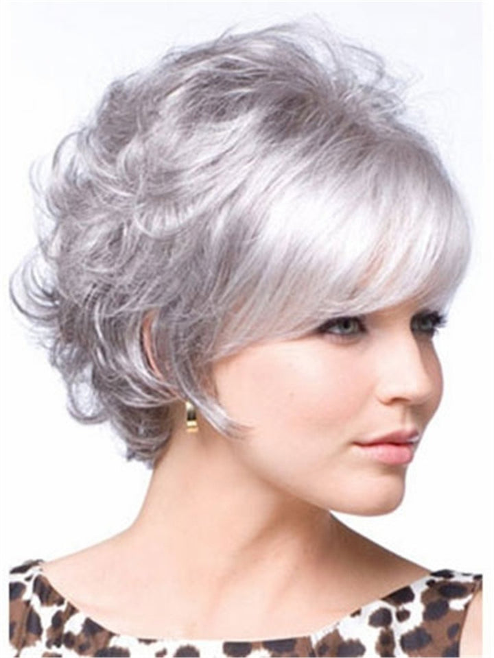OYSRONG Elegant Women Short Silver Wavy/curly Layered Heat Resistant Daily Hair Wig