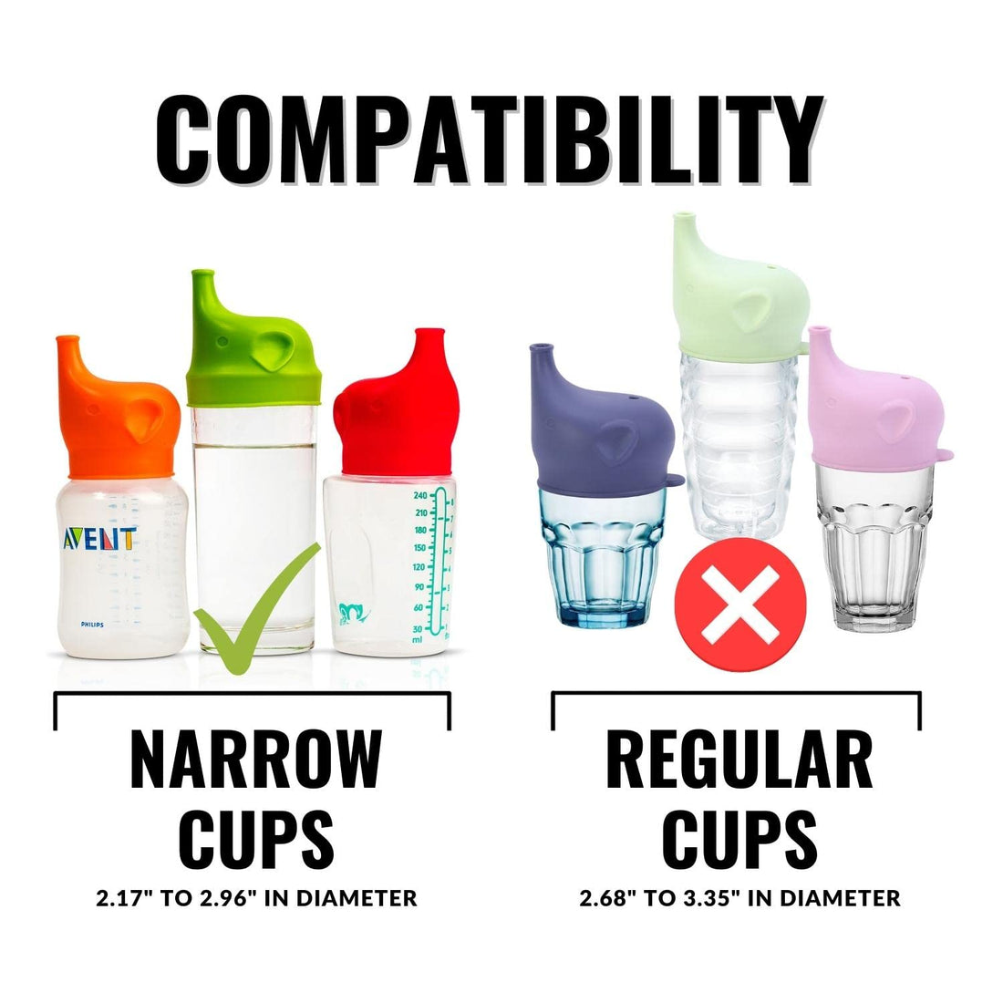 Silicone Sippy Cup Lids, Spill and Leak Proof with Soft Spout for Babies, Toddlers and Kids, for Narrow Cups