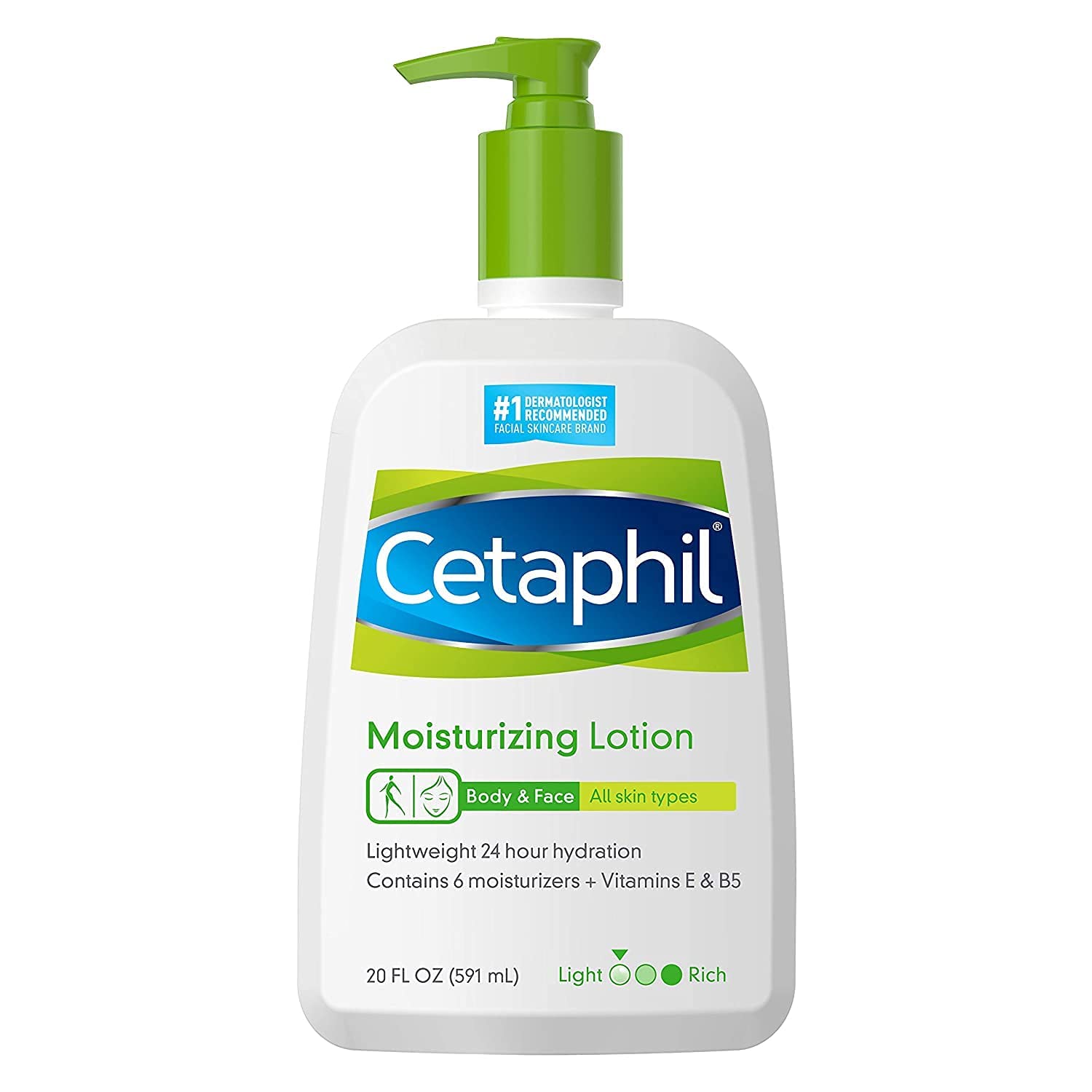 Cetaphil Body & Face Moisturizing Lotion - For All Skin Types with Vitamin E & B5 & 24hr Hydration, 20 fl oz (591 ml)