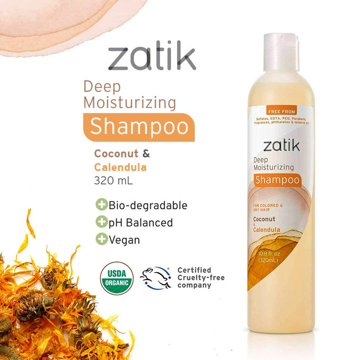 Zatik Naturals - Coconut and Calendula Deep Moisturizing Shampoo Vegan Bio-degradable pH balanced (10.8 fl oz 320 ml) for Colored and Dry Hair Free From Sulfates, phthalates & mineral oil