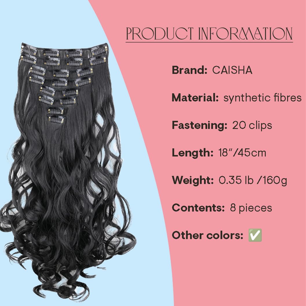 PRETTYSHOP XXL Set 8 pcs 24 Clip In Hair Extensions Full Head Hairpiece Wavy Curled Or Straight Heat-Resisting Div. Colors (jet black curled #1 CES1-1)