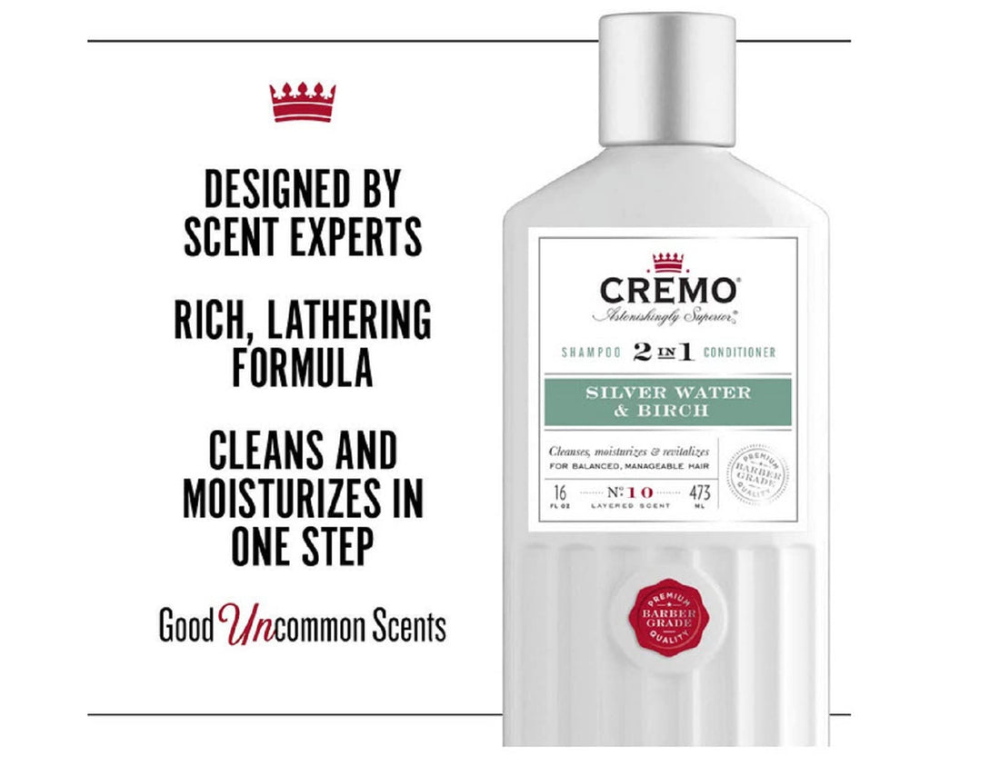 Cremo Barber Grade Silver Water & Birch 2-in-1 Shampoo & Conditioner, 16 Oz (2-Pack)