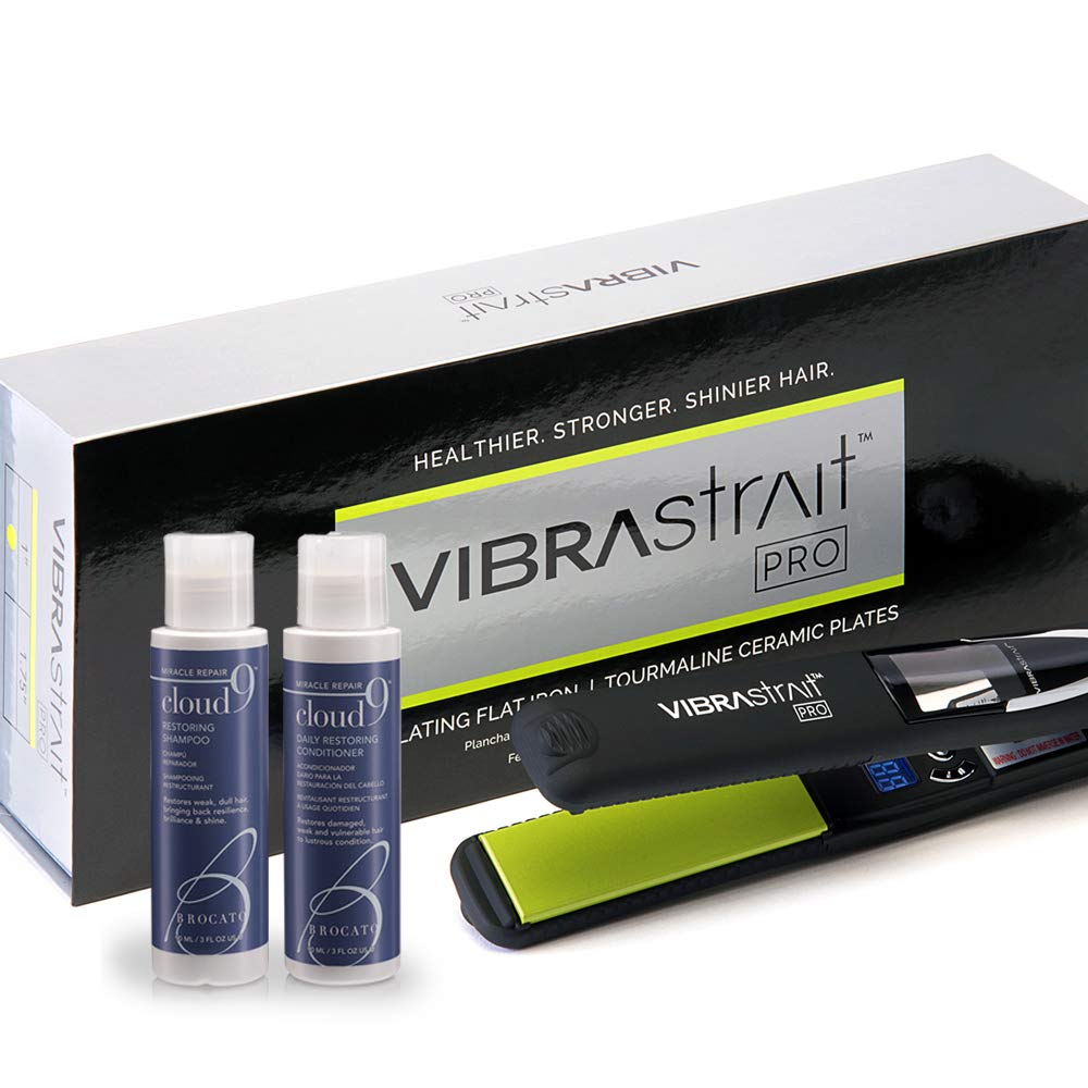 Value Bundle: Vibrastrait PRO 1-inch Vibrating Flat Iron with Travel Case & Travel Size Cloud 9 Shampoo & Conditioner