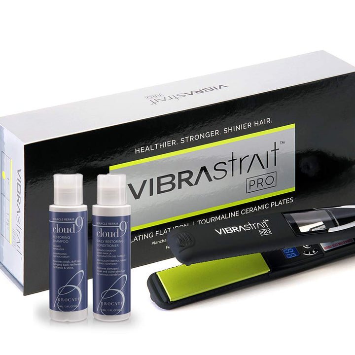 Value Bundle: Vibrastrait PRO 1-inch Vibrating Flat Iron with Travel Case & Travel Size Cloud 9 Shampoo & Conditioner