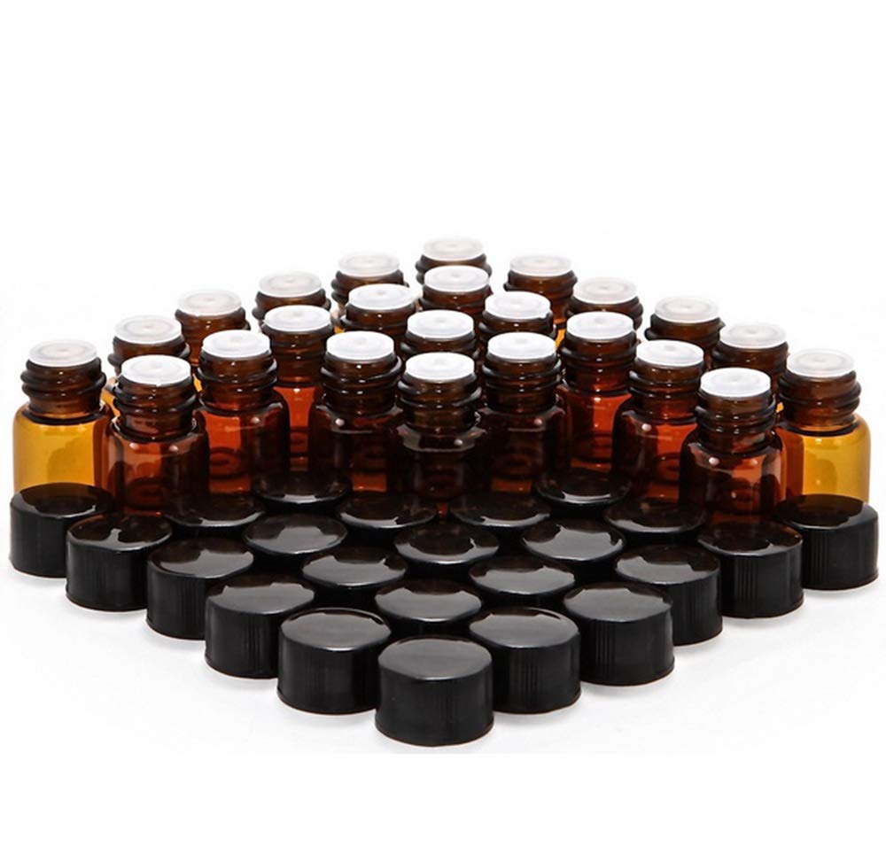 ELFENSTALL 50Pcs 2ml Oil Bottles for Essential Oils (5/8 Dram) Amber Glass Vials Bottles, with Orifice Reducers and Black Caps