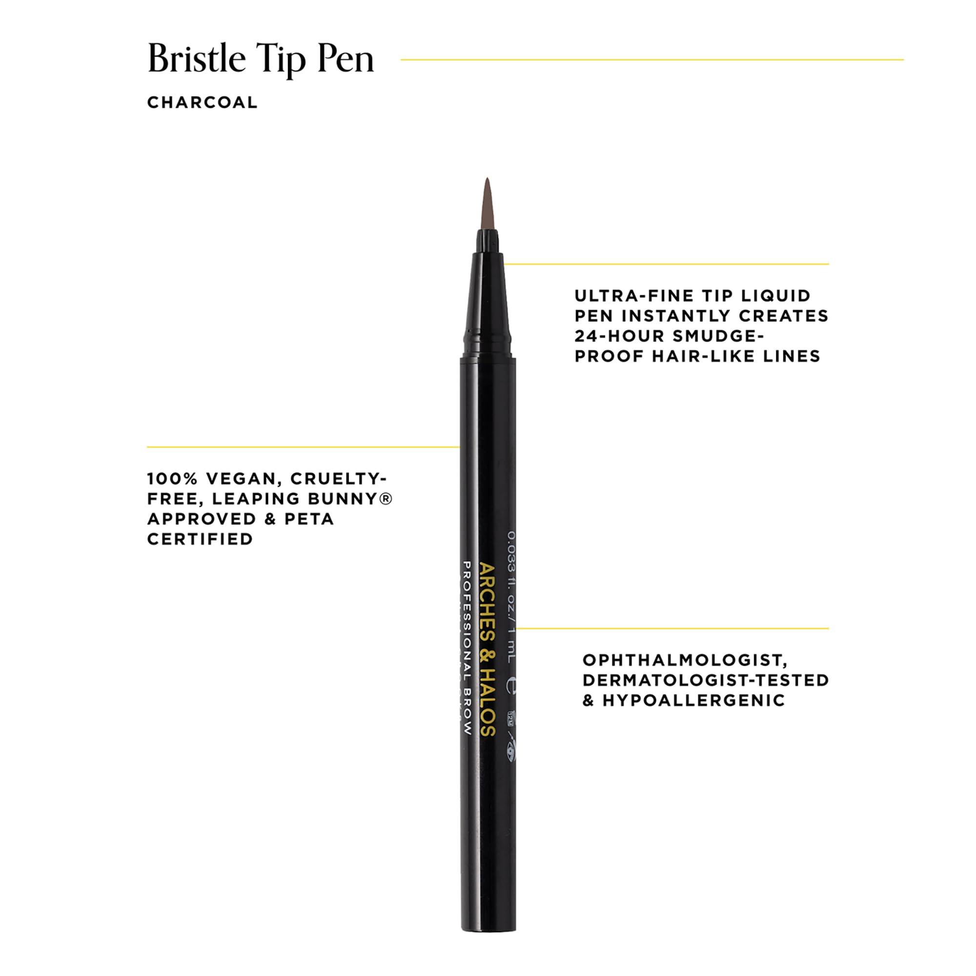 Arches & Halos Fine Bristle Tip Pen - Creamy, Buildable Formula for Shaping and Defining Eyebrows - Waterproof, Long Lasting, 24 Hour Color - Precise Bristled Applicator Tip - Charcoal - 0.02 oz