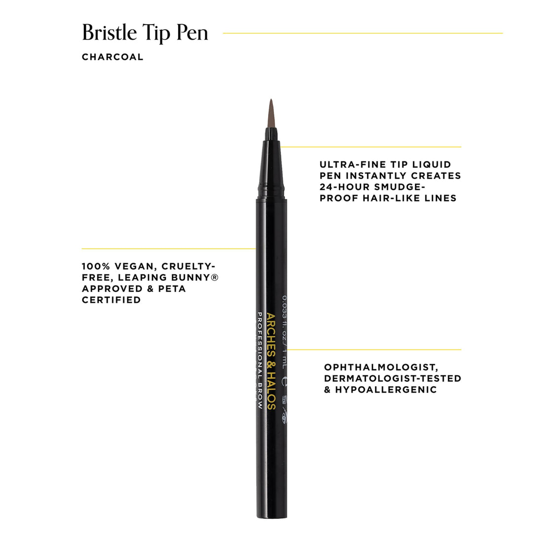 Arches & Halos Fine Bristle Tip Pen - Creamy, Buildable Formula for Shaping and Defining Eyebrows - Waterproof, Long Lasting, 24 Hour Color - Precise Bristled Applicator Tip - Charcoal - 0.02 oz